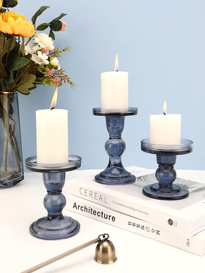 Lewondr Glass Candle Holders, 3 Pieces Crystal Clear Candlesticks with Elegant Design for Pillar Taper Candle and Tea Light, Home Table Living Room Wedding Party Decorations Home Décor - Smoky Blue