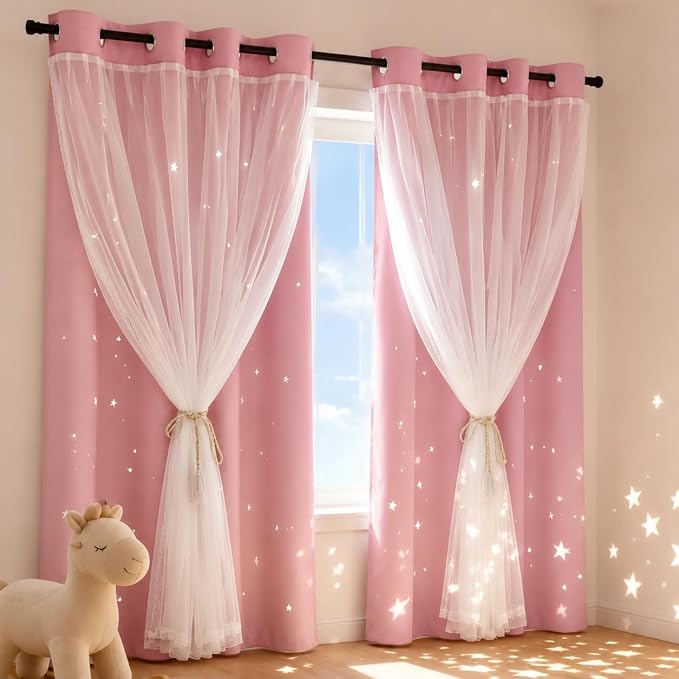 Princess Curtains for Girls Bedroom with Sheer Overlay,Double Layer Curtain for Living Room with Star Cutout, Curtains for Kids Room (70 W*63 L Inches,2 Pcs Pink)