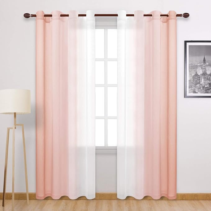 DWCN Blush Pink Faux Linen Ombre Sheer Curtains - Gradient Semi Voile Curtains for Bedroom and Living Room, Set of 2 Grommet Top Window Curtain Panels, 52 x 108 Inches Long