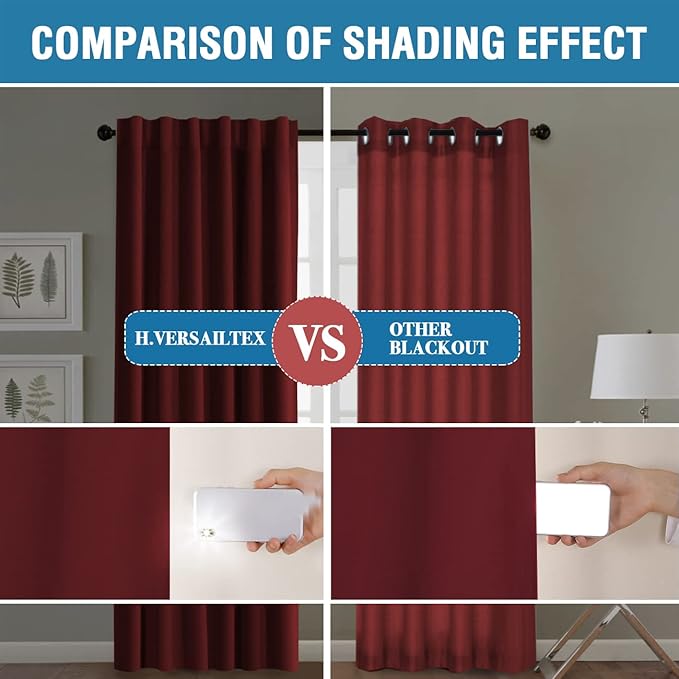 H.VERSAILTEX 100% Blackout Curtains for Bedroom with Black Liner Full Room Darkening Curtains 96 Inches Long Thermal Insulated Back Tab/Rod Pocket Window Drapes for Living Room, 2 Panels, Burgundy