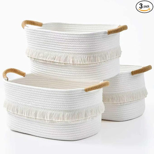 Woven Baskets, 3-Pack Storage Basket for Living Room, Bedroom, Nursery, Stylish Gift Basket with Handles, Cotton Rope Basket for Toys and Shelves, Multi-Purpose Organizer, White