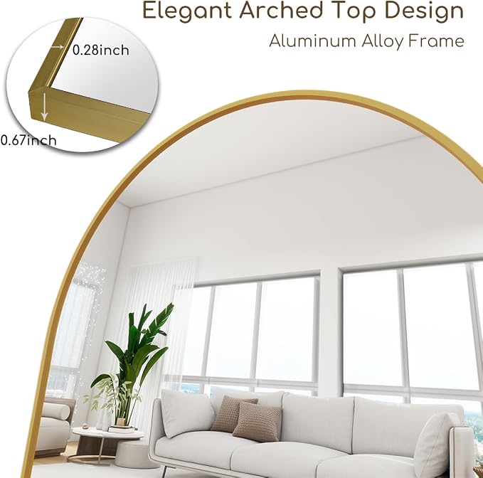 Prywot Arched Floor Mirror, 57 "x 20" Full Length Mirror Wall Mirrors Hanging or Leaning Arched-Top Full Body Mirrors with Stand for Bedroom, Dressing Room, Gold