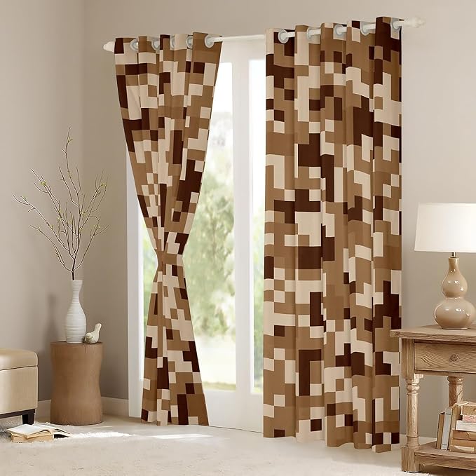 Castle Fairy Brown Grid Window Curtain,Kids Sandbox Pixelated Themed Window Treatment Teens Gamer,Miner Style Checked Bedroom Decor Curtains Desert Style Blackout Drapes 2 Panels,52Wx84L
