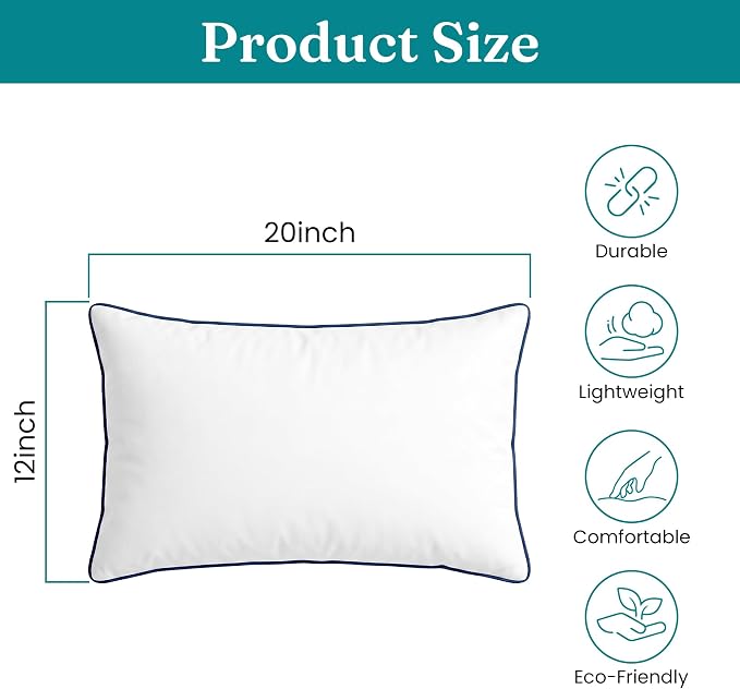 Oubonun 12 x 20 Throw Pillow Inserts – Durable & Structured, Soft Down Alternative Decorative Pillows with Piping Edge for Couch Sofa Bed, Machine Washable, White, Pack of 2