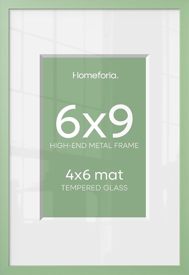 Homeforia 6x9 Picture Frame Sage Green, High End Metal 6 x 9 Frames with Mat 4 x 6 for Print, 6by9 Desk Frame Matted to 4x6 inch Photo, 6 by 9 Wall or Tabletop Frame, Tempered Glass, Wall Kit, Set of 2