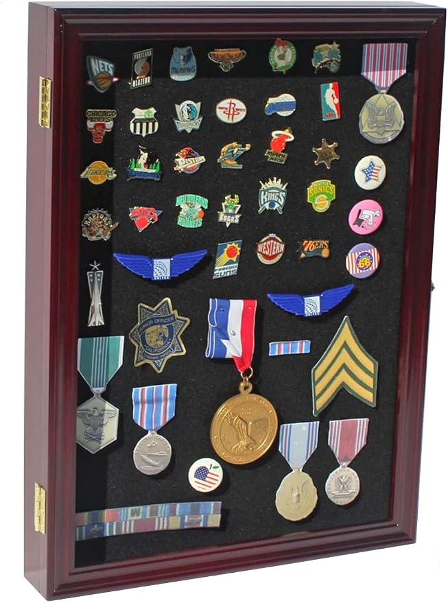 Large 19 X 14 Pin Display Case Medal Shadow Box with 98% UV Protection for Military Medals, Beach Tags, Jewelry Pins, Pin Gift, Insignia Ribbons, Pin Collectibles Cherry Finish