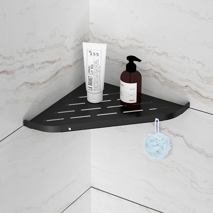 Qeke Bathroom Corner Shelf, 9" Shower Shelf Caddy, SUS304 Stainless Steel Shelf Wall Mount Corner Shelf with 2 Hooks, Matte Black