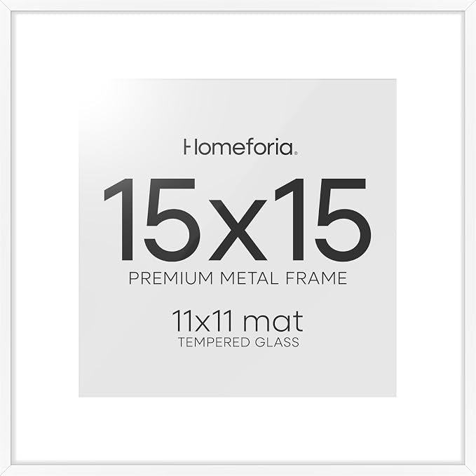 Homeforia 15x15 Picture Frame White, High End Metal 15 x 15 Square Poster Frames with Mat 11 x 11 Photo, 15x15 White Frame Matted to 11x11 Print, 15by15 Thin Frames, Tempered Glass, Wall Kit, Set of 2