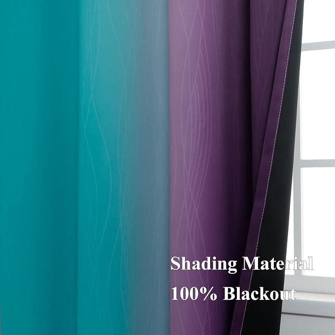 Estelar Textiler Ombre Teal and Purple Blackout Curtains 2 Panels, Grommet Thermal Insulated Gradient Drapes for Kids Room Bedroom, 52x45 Inch