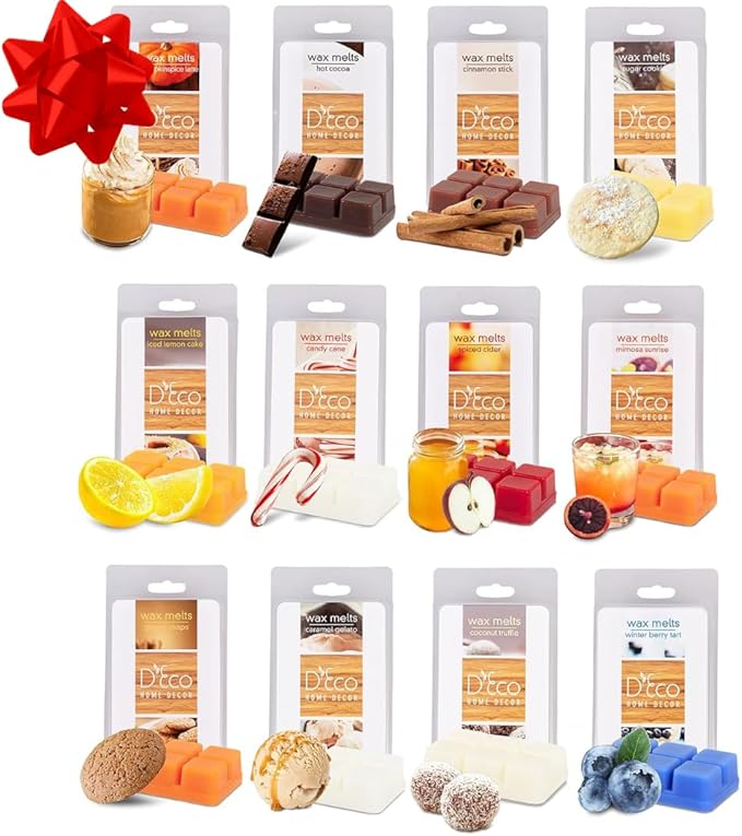 D'Eco Desserts Wax Melts - 12 Ct Variety Pack Home Fragrances - Long Lasting Scented Tarts for Wax Warmers - Caramel, Berry, Mimosa, Coconut, Lemon, Cinnamon, Gelato, Peppermint - Mothers Day Gift Set