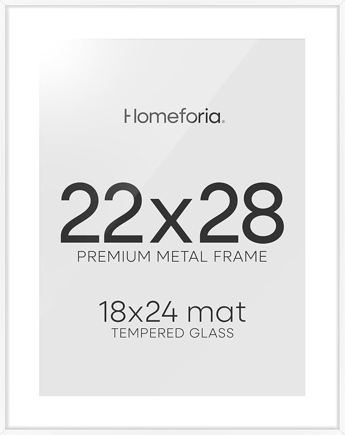 Homeforia 22x28 Poster Frame White, High End Metal 22 x 28 Large Picture Frames with Mat 18 x 24 for Photo, 22x28 Thin Frame Matted to 18x24 inch Print, 28x22 Frame, Tempered Glass, Wall Kit, Set of 2