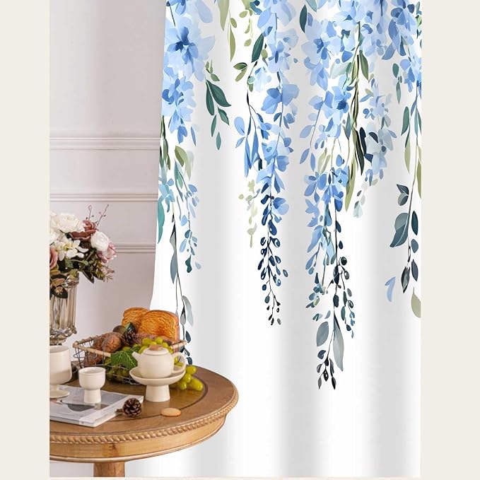 Blue Watercolor Floral Curtains, Botanical Leaves Vine Flowers Curtain, Rustic Farmhouse Flower Leaf Blackout Window Treatment Drapes for Bedroom Living Room 42x96 inch, 2 Panels