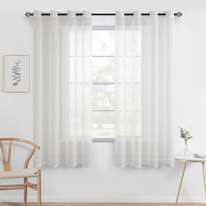 MIULEE 2 Panels Ivory Sheer Window Curtains Elegant Grommet Top Window Voile Drapes/Treatment Linen Textured Panels for Bedroom Living Room (54X63 Inches)