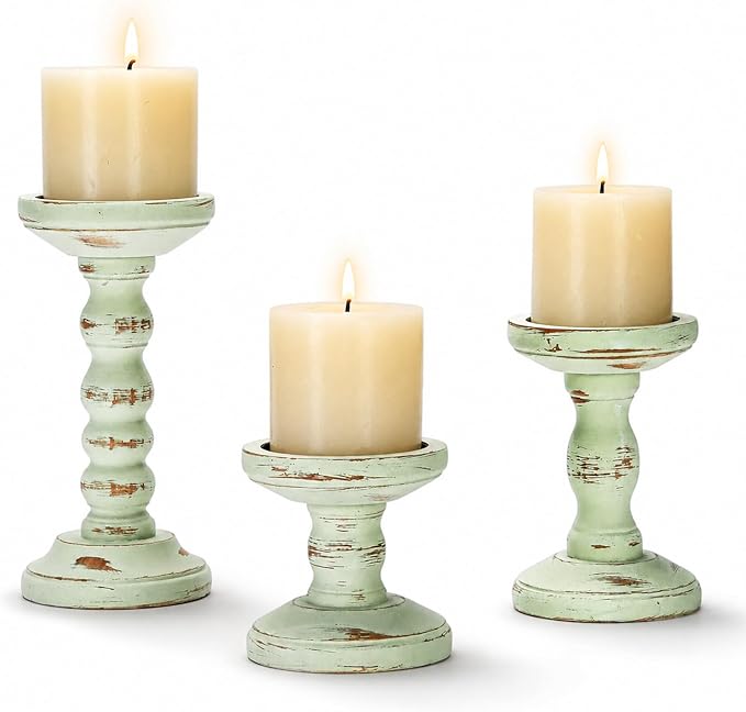 Candeldo Wooden Candle Holders Pillar: Sage Green Candlestick Holders Table Centerpiece Vintage Rustic Farmhouse Shabby Chic Decor for Fireplace Mantle
