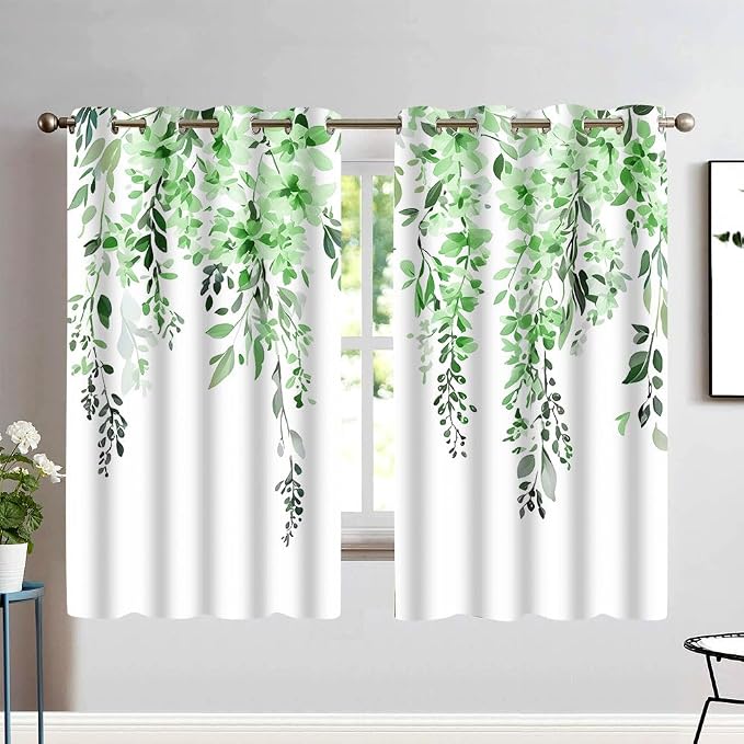 Green Watercolor Floral Curtains, Botanical Leaves Vine Flowers Curtain, Rustic Farmhouse Flower Leaf Blackout Window Treatment Drapes for Bedroom Living Room 52x63 inch, 2 Panels