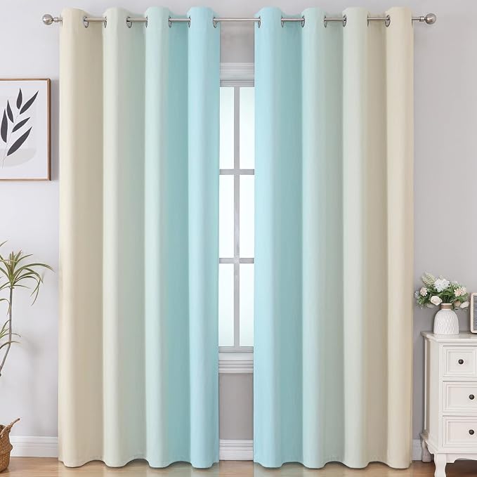 Estelar Textiler Ombre Aqua and Beige Blackout Curtains 96 Inches Long for Sliding Door, Gradient Thermal Insulated Full Light Blocking Grommet Blackout Drapes for Bedroom, 52Wx96L, 2 Panels