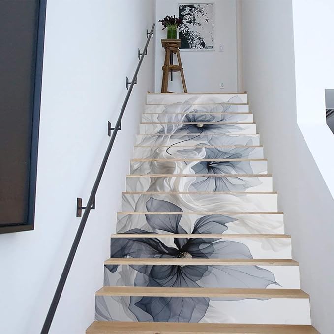 REDAMANCY Modern Grey/Navy/Blue Poppy Floral Peel and Stick Vinyl Stair Riser Decals Staircase Tile Stickers Decor Modern Marble Decoration Self-Adhesive(14 Pcs)