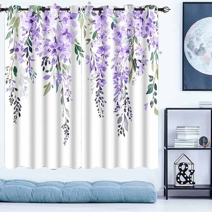 Purple Watercolor Floral Curtains, 42x63 inch, 2 Panels | Botanical Leaves Vine Flowers, Rustic Farmhouse Wisteria, Blackout Window Treatment, For Bedroom Living Room