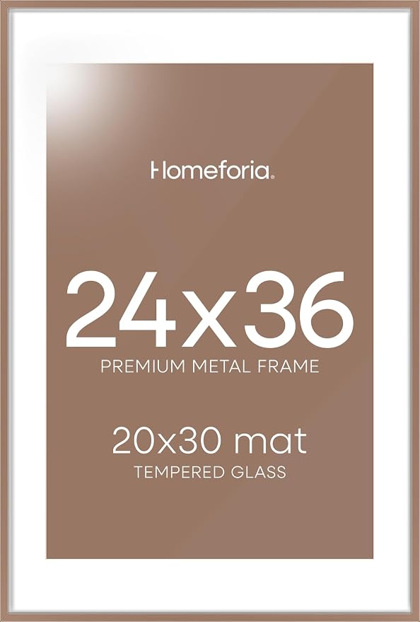 Homeforia 24x36 Picture Frame Mocha, High End Metal 24 x 36 Large Poster Frames with Mat 20 by 30 inch Photo, 24x36 Thin Frame Matted to 20x30 in Print, 36x24 Frame, Tempered Glass, Wall Kit, Set of 1