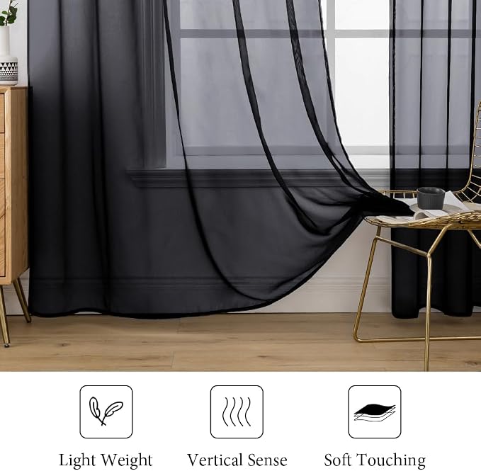 MIULEE 2 Panels Solid Color Sheer Window Curtains Elegant Halloween Window Voile Panels/Drapes/Treatment for Bedroom Living Room (54X96 Inches Black)