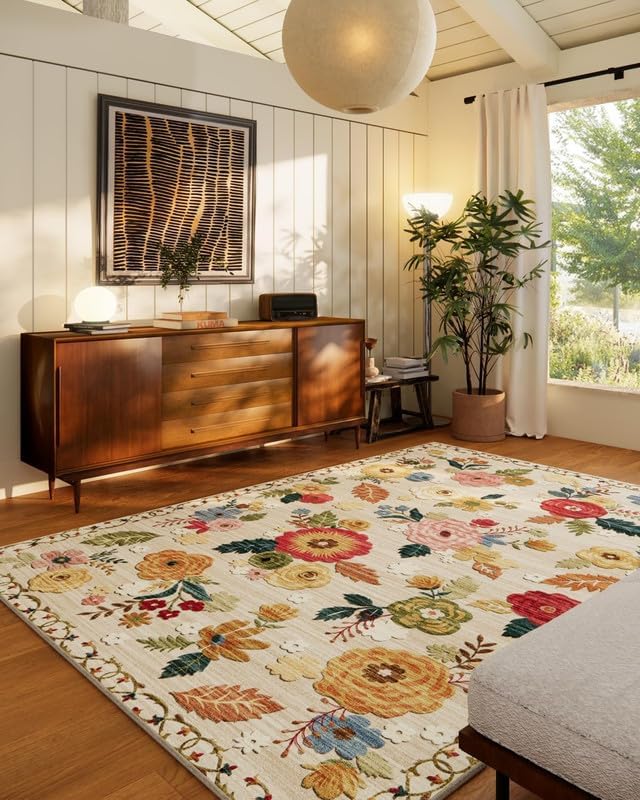 9x12 Area Rug for Living Room: Washable Rug Non Slip Low Pile Soft Faux Wool Non Shedding Distressed Vintage Floral Large Area Rugs for Bedroom Dining Room Kitchen Nursery Under Table Farmhouse Office