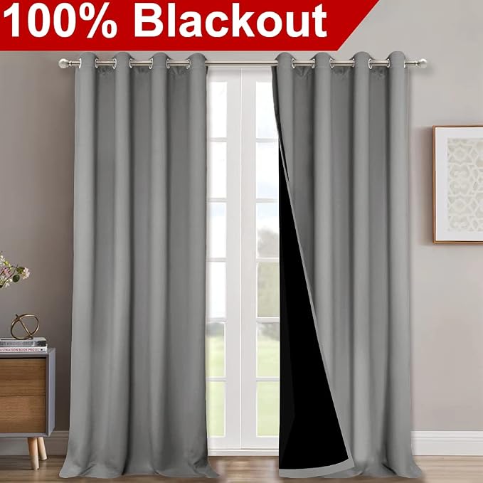 NICETOWN Full Shading Curtains 90 inches Long 2 Panels Set for Windows, Super Heavy-Duty Black Lined Blackout Curtains for Bedroom, Privacy Assured Window Treatment (Silver Grey, 52 inches W)
