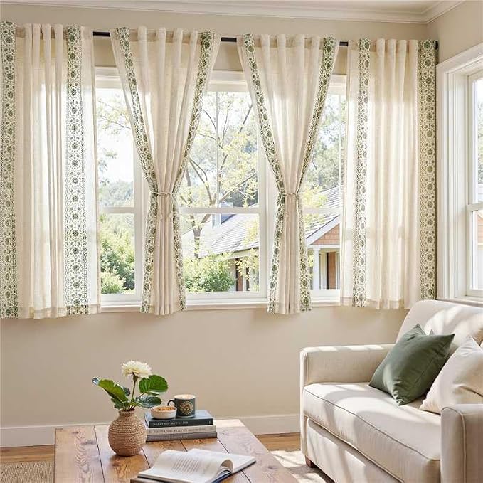jinchan Weslie Boho Curtains for Bedroom Sage Green Vintage Floral Farmhouse Curtains 63 Inch Linen Drapes for Living Room Embroidered Light Filtering Drapes Rod Pocket Sage on Beige 2 Panels