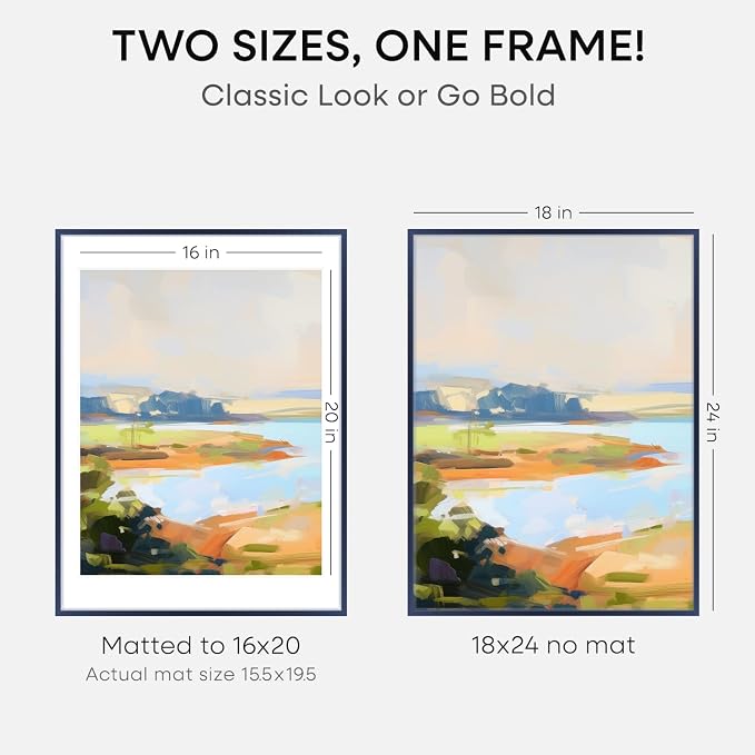 Homeforia 18x24 Frame Navy Blue, High End Metal 18x24 Poster Frames with Mat 16x20 inch Photo, 18 x 24 Navy Blue Picture Frame Matted to 16 by 20 Print, 24x18 Frame, Tempered Glass, Wall Kit, Set of 2