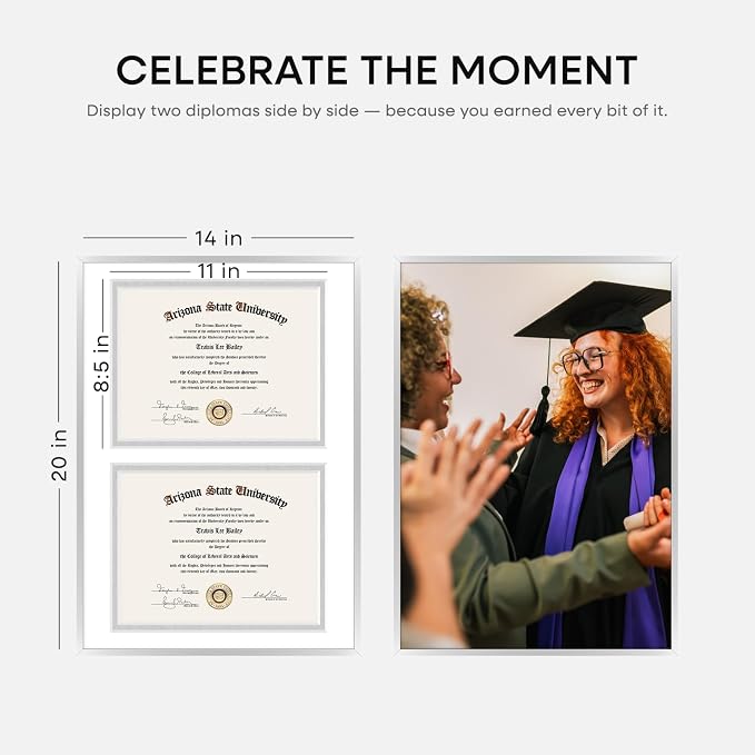 Homeforia 14x20 Double Diploma Frame Silver, High End Metal 14 x 20 Certificate Frames with Mat for Two 8.5x11 inch Diplomas, 20by14 Dual Award Degree Matted Frames, Tempered Glass, Wall Kit, Set of 3