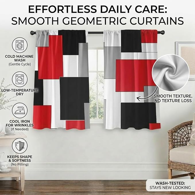 Black and Red Curtains for Living Room 63 Inch Length Geometry Curtains Modern White Grey Abstract Rod Pocket Curtain for Bedroom Kitchen Room Window Drapes 2 Panels