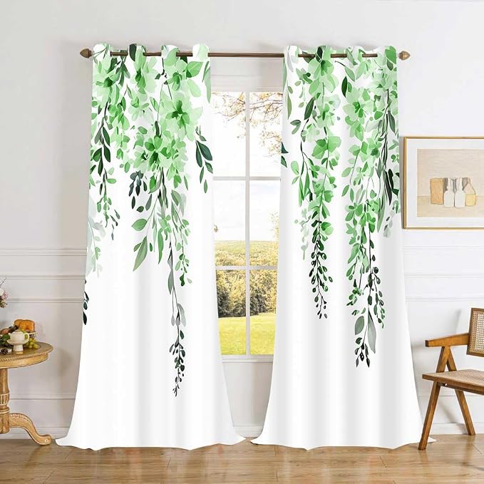 Green Watercolor Floral Curtains, Botanical Leaves Vine Flowers Curtain, Rustic Farmhouse Flower Leaf Blackout Window Treatment Drapes for Bedroom Living Room 42x96 inch, 2 Panels
