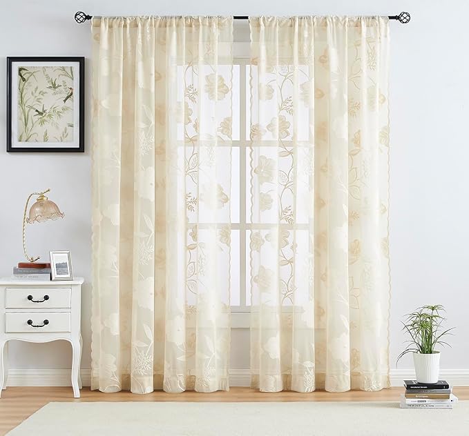 Sheer Beige Lace Curtains for Bedroom Living Room Studio 84inch Long Vintage Rose Floral Embroidered Semi Sheer Curtain Panels Privacy Leaf Sheer Drapes with Scalloped Edge Ivory, 54"w 2pcs 7ft