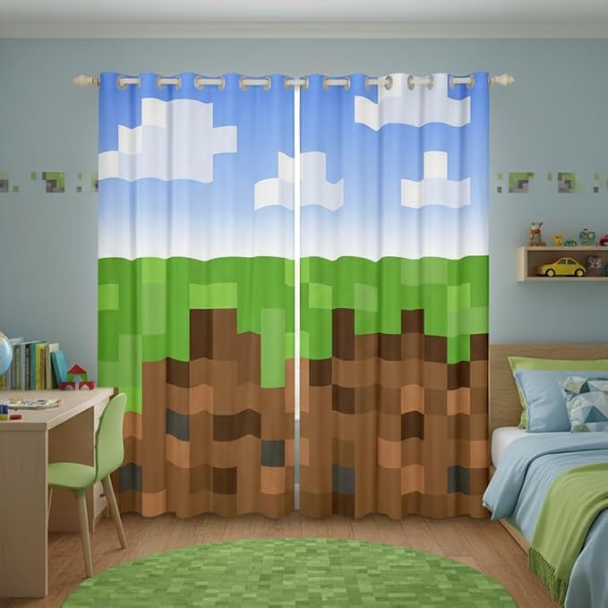 Castle Fairy Pixel Grid Miners Window Curtain | Pixelated Games Window Drapes for Women Bedroom Decor,Geometric Grid Blackout Curtains Brown Green Army Camo Living Room Top 2 Panels,52Wx90L