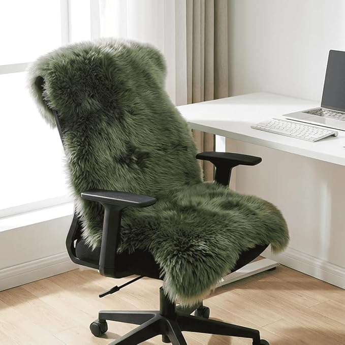 Fluffy Genuine Sheepskin Rug, Soft Green Shaggy Fur Fuzzy Area Rug for Fur Wool Pray Pup Carpet Cushion, Chair Sofa Seat Cover, Bedroom Living Room, Dark Green, 1Pelt