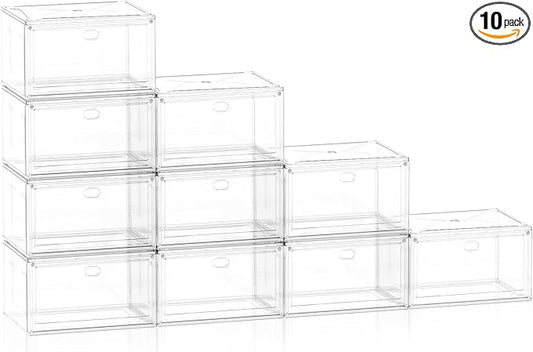 10-Pack XX-Large Shoe Storage Boxes, Modular Space-Saving Shoe Organizers, Clear Plastic Stackable Sneaker Display Cases with Lids (Clear Color)（XX-Large）