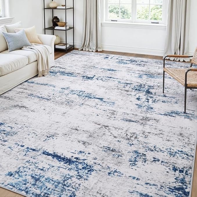 Area Rugs 6x9 Living Room: Large Modern Abstract Washable Rug Soft Anti-Skid Non-Shedding Carpet Indoor Floor Thin Carpets for Bedroom Dining Room Farmhouse Nursery Home Office White Blue Grey