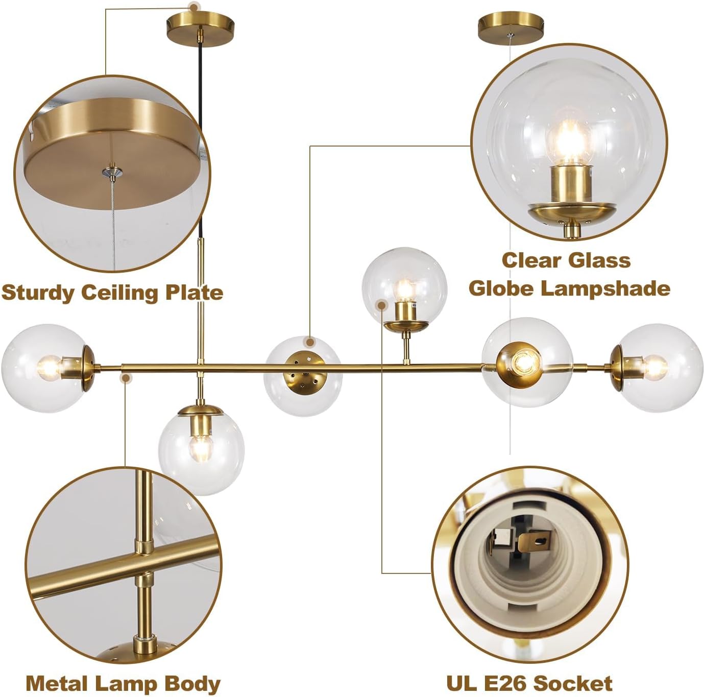 KCO Lighting 6 Light Bubble Chandelier Lighting Clear Glass Globe Chandelier Brass Gold Linear Pendant Light Mid Century Modern Pendant Light for Living Room Kitchen Island Dining Room