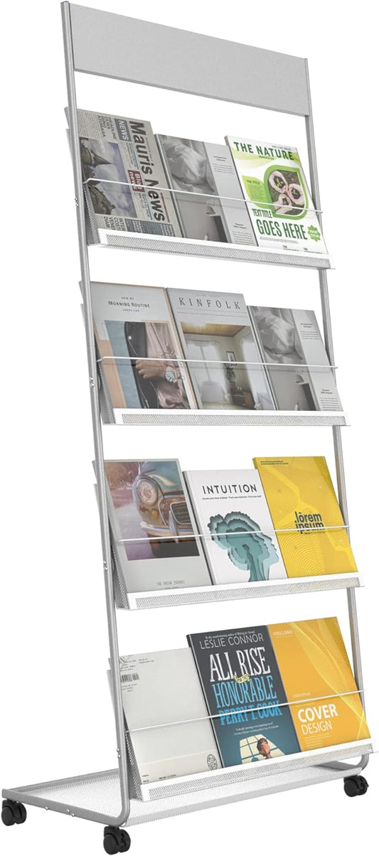 TONGMO Floor-Standing Magazine Rack 4-Layer with Wheels, Brochure Display Stand, High-hardness metal for Exhibitions, Office, and Any Organization Requiring Information Display (Silver)