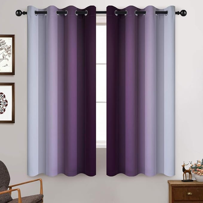 Yakamok Ombre Curtains Purple and Greyish White for Living Room,52Wx63L | Room Darkening Curtains 63,Thermal Insulated Gradient Color Drape,Light Blocking Grommet Window Curtains for Bedroom,2 Panels