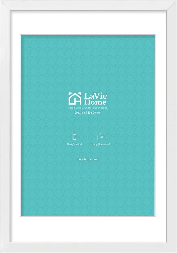 LaVie Home 20 x 30 Poster Frame White, Display Pictures 18x24 with Mat or 20x30 Without Mat, Stable and Sturdy Picture Frame and Polished Plexiglass, Horizontal and Vertical Format of The Wall（1 Pack）