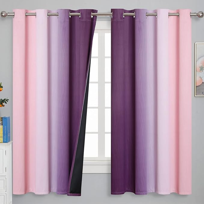 Pink and Purple Curtains 63 Inch Length 2 panels, Full Light Blocking Ombre Blackout Curtains for Kids Room, Thermal Insulated Noise Reducing Gradient Blackout Curtains for Girls Bedroom, 52x63 Inch