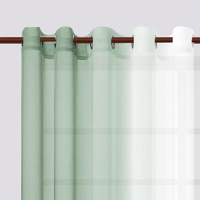 DWCN Ombre Faux Linen Sheer Curtains - Extra Wide Gradient Semi Voile Grommet Top Bedroom and Living Room Curtains, 60 x 63 Inches Long, Set of 2 Window Curtain Panels, Sage Green