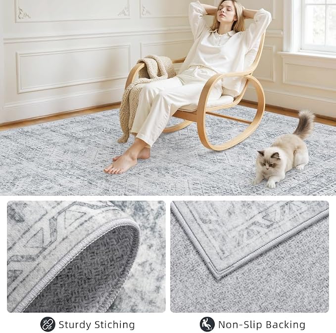Round Area Rug for Living Room: 8ft Vintage Boho Neutral Washable Circle Rug Soft Large Circular Carpet for Bedroom Nursery Farmhouse Dining Room Office Floor Non-Slip Low Pile Under Table Rug Gray