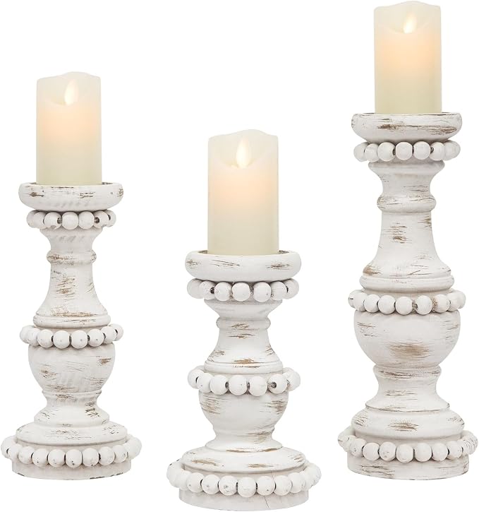 Farmhouse Large Candle Holders for Pillar Candles, Rustic Wooden Beaded Candle Holder, Perfect for Table Centerpieces, Coffee Table or Fireplace Mantel, 3 Piece Set (White)