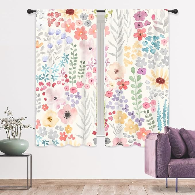 Riyidecor Colorful Floral Curtains Pink Cute Boho Wildflower Trendy Watercolor Plant Leaves Botanical Rod Pocket Pretty Aesthetic for Girls Bedroom Living Room Treatment Fabric 2 Panels 42Wx63H Inch