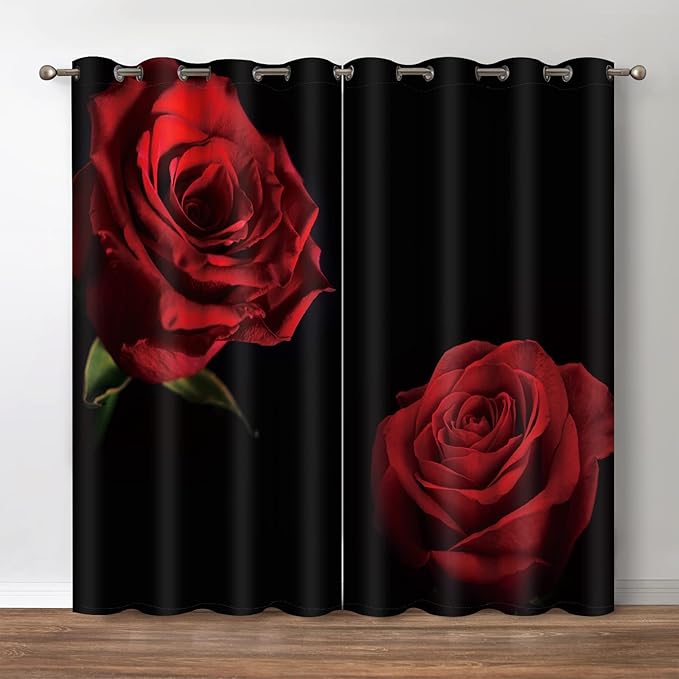 Jekeno Red Rose Floral Blackout Curtains - Romantic Black Red Roses Flower Theme Print Curtain for Girls Women Bedroom Living Room Home Decor Grommet Window Drapes 2 Panel Set, 42" x 84"