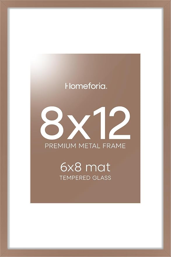 Homeforia 8x12 Picture Frame Mocha, High End Metal 8 x 12 Poster Frames with Mat 6 by 8 for Photo, 12x8 Frame Matted to 6x8 inch Print, 8by12 Wall or Tabletop Frame, Tempered Glass, Wall Kit, Set of 2
