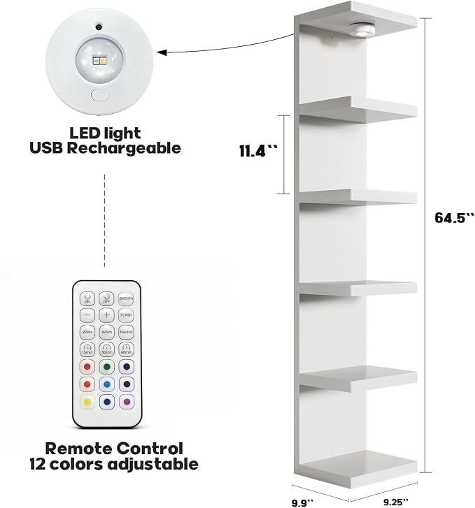 2 Pack 6-Tier Vertical Wall Shelf Unit with USB Rechargeable Led Light (Remote Controlled),Versatile Floating Display Shelves,Lack Style Wall Shelves for Bedroom,Living Room,Office Decor,Vanity-White