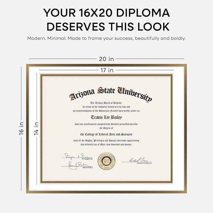 Homeforia 16x20 Diploma Frame Bronze, High End Metal 16 x 20 Certificate Frame with Mat for 14 by 17, 20x16 Document Frame Matted to 14x17, Graduation Degree Frames, Tempered Glass, Wall Kit, Set of 1