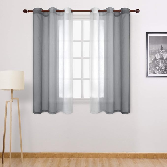 DWCN Grey Ombre Short Sheer Curtains - Faux Linen Semi Voile Gradient Light-Filtering Bedroom and Living Room Curtains, Set of 2 Grommet Top Window Drape Panels, 42 x 45 Inch Length
